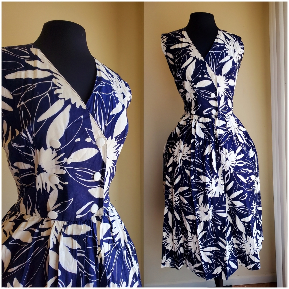 Vintage Lanz navy and white midi dress